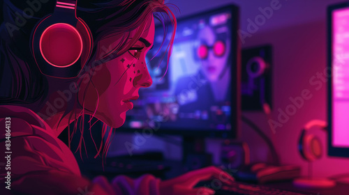 Illustration of a trendy woman competing in an esports tournament, showcasing competitiveness and dedication.
