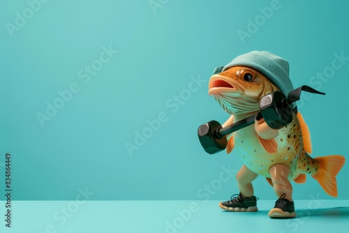A trout dressed as a fitness trainer, holding a dumbbell on a solid teal background with copy space