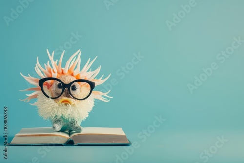An anemone in a professors outfit, with glasses and a book, on a solid sky blue background with copy space