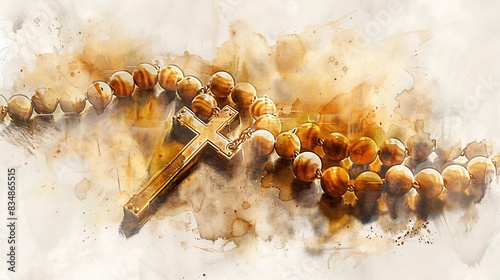 Image of rosary and cross surrounded by balls