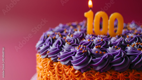 Decorated 100th birthday cake with purple and orange icing.