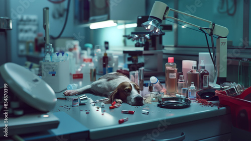 Testing cosmetics on animals. A tired, exhausted dog lies on a table in a chemical laboratory, littered with cosmetics