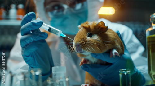 Conducting dangerous experiments on defenseless animals. The scientist holds a guinea pig in his hands and gives it an injection. 