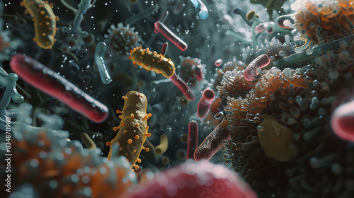 A close-up of a multitude of bacteria and viruses. The image reflects a microscopic world
