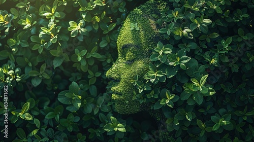 Nature, human connection with nature, environment concept. Human face silhouette made from greenery in forest background with copy space