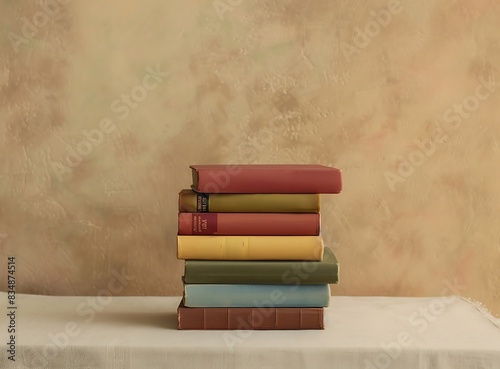 A stack of colorful books on the table in front of a beige wall background