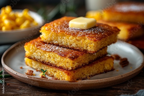 Cornbread - Moist cornbread slices with a pat of butter melting on top.