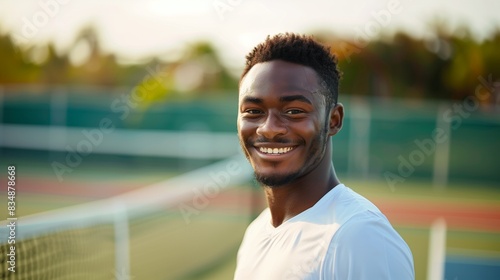 African American male tennis player in clean sportswear, smiling confidently on a tennis court
