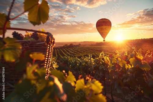 A hot air balloon rises above a lush vineyard at sunrise, casting a long shadow that resembles the number "2025." A basket overflowing with champagne and caviar hangs beneath.