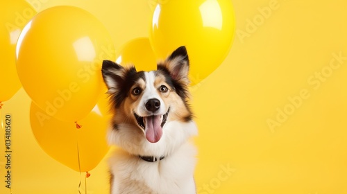 Cheerful dog with balloons on a yellow background, postcard, copy space