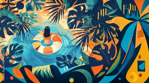 Summer Illustration of a bright girl who swims on an inflatable yellow circle in the pool. There should be tropical plants around it. The concept of relaxing during a vacation at a resort with