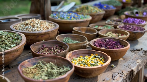 Herbal poultices and ancient remedies artistically display traditional manual therapy and natural healing.