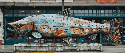 A giant salmon art piece as a highlight on a downtown sidewalk
