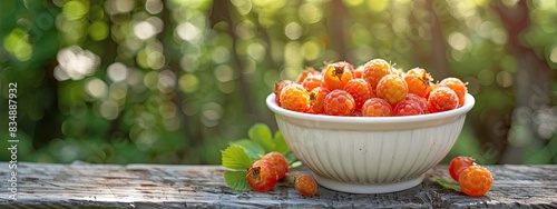 cloudberry in a white bowl on a wooden table nature background. Selective focus