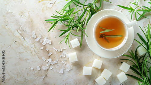 Aromatic herbal tea fresh tarragon sprigs and sugar 