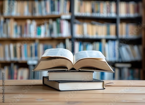 A stack of open books on the table with a blurred background in a library or school