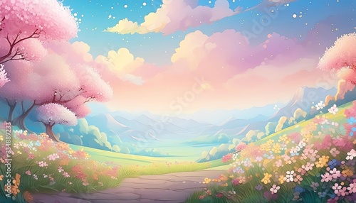 Cherry blossoms tree and pastel flowers meadow path dreamy pink clouds background illustration