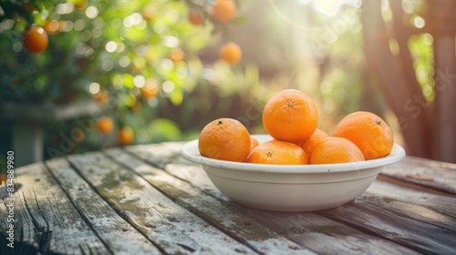oranges in a white bowl on a wooden table nature background. Selective focus