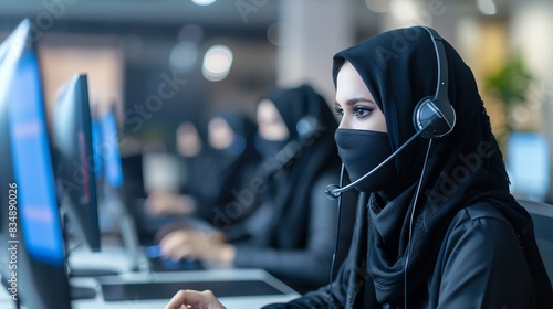 Call center scammer concept Swindler criminals in black hood wearing mask and headsets and using computer in a call center office