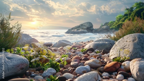 Beach featuring stones and vegetation