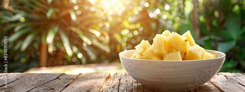 pineapple in a white bowl on a wooden table nature background. Selective focus