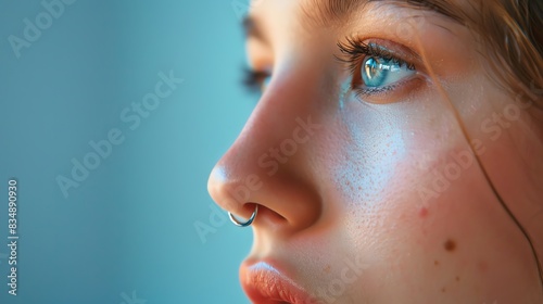 Young woman nose with nasal piercing closeup view