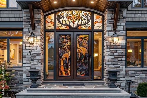 A modern craftsman house with a custom stained glass transom window above the front door, depicting a majestic stag.