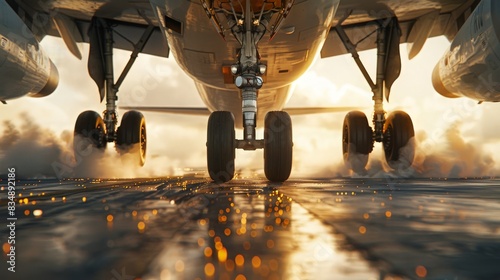 A close-up of an airplane's landing gear touching down on a runway, with smoke and sparks flying as the tires make contact