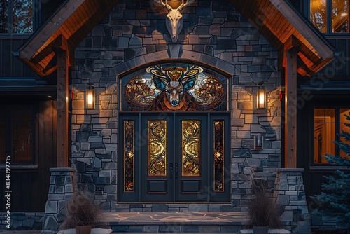 A modern craftsman house with a custom stained glass transom window above the front door, depicting a majestic stag.
