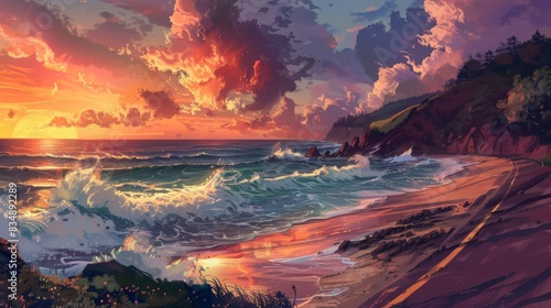 A coastal road with waves crashing against the rocky shore, and a sunset painting the sky in hues of orange and pink 