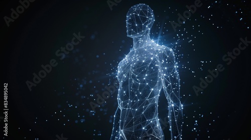 Glowing hologram of human body 3D structure with dark background.