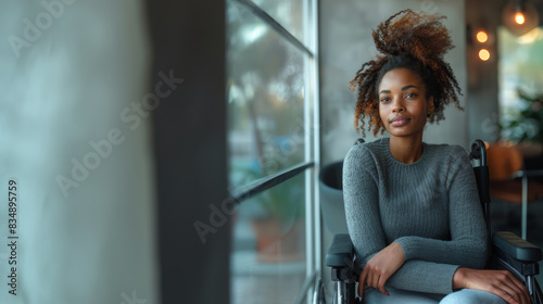 A thoughtful young woman with natural hair sits peacefully in a modern office, providing a calming presence