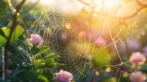A morning dew-covered spider web glistening in the early sunlight, set against a backdrop of blooming garden flowers and fresh green leaves 