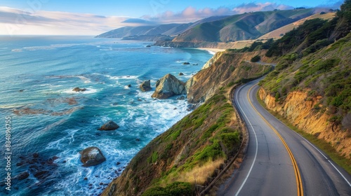 A scenic coastal road along a cliff, with panoramic views of the ocean and the dramatic coastline under a bright sky 