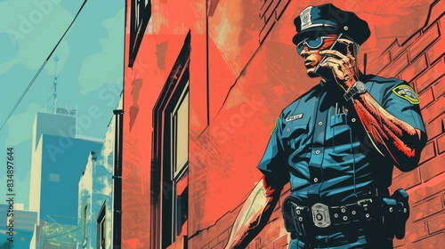 Vector illustration of police officer patrolling street. Comic book.