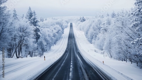 An empty highway through a snowy landscape, with snow-covered trees and a peaceful winter atmosphere under a pale sky 
