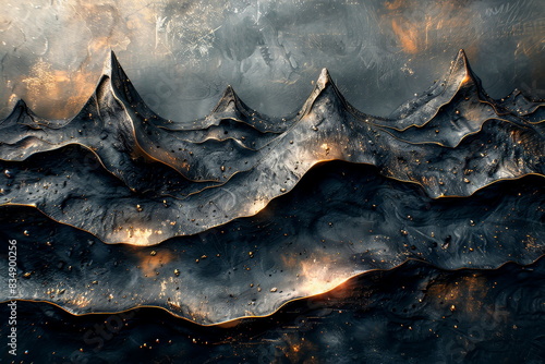 Abstract metallic landscape with mountains and valleys, with different textures and finishes.