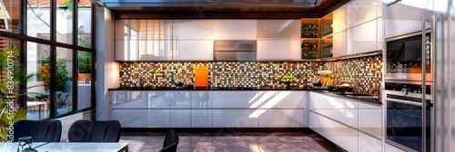 Contemporary kitchen with glossy white cabinets and a pop of color from a mosaic backsplash