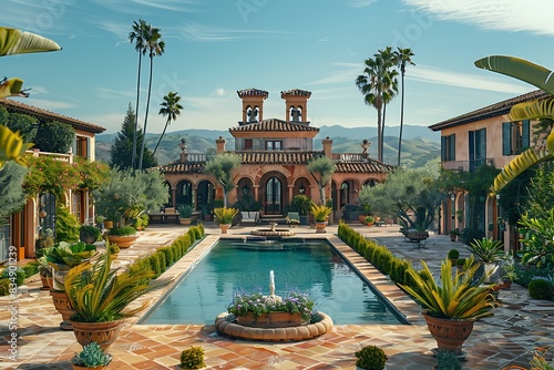 A luxurious Spanish hacienda nestled amidst rolling hills, featuring a central courtyard and a saltwater pool.