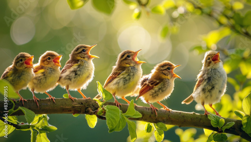 Five small birds singing on a tree branch in a sunny forest