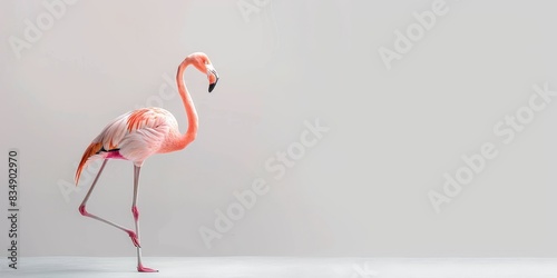 A beautiful pink flamingo stands on one leg in front of a pale pink background.