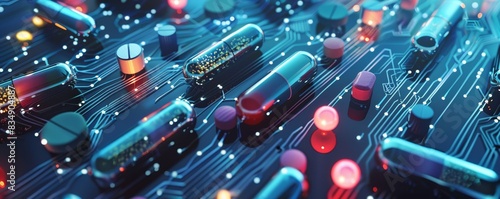 Close-up of an illuminated electronic circuit board showcasing microchips, resistors, and other components, emphasizing the advancement in technology.