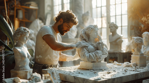 Talented sculptor meticulously chisels a marble statue in a sunlit studio, surrounded by classical busts