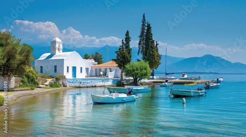 a small Greek island adorned with a white church, surrounded by crystal-clear turquoise waters, and lush pine trees in the village.