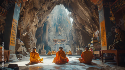 Tranquil scene of monks meditating in an ancient, remote monastery cave