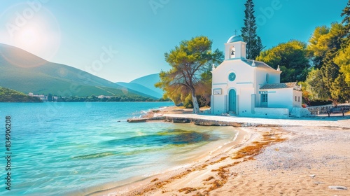 a small Greek island adorned with a white church, surrounded by crystal-clear turquoise waters, and lush pine trees in the village.