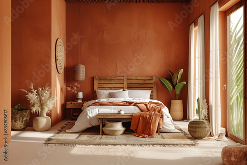  Warm earth-tone bedroom with rustic wooden furniture and natural decor, hugge style bedroom in terracotta colors