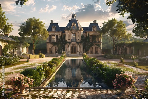A picturesque French chateau with sprawling vineyards, a cobblestone courtyard, and a reflecting pool.