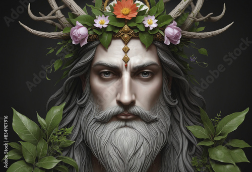 Divine representation of a pagan deity adorned with a botanical crown against a dark backdrop