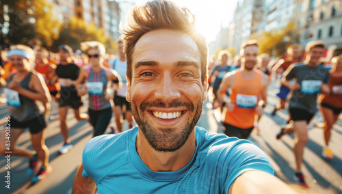 Handsome smiling man taking a selfie while running in a marathon on a sunny day